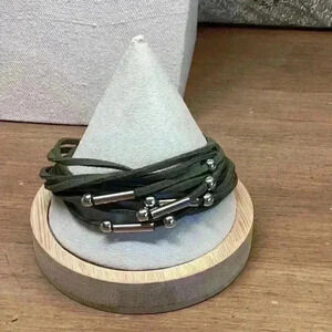 Green Leather with Silver Beads Multi Strand Bracelet